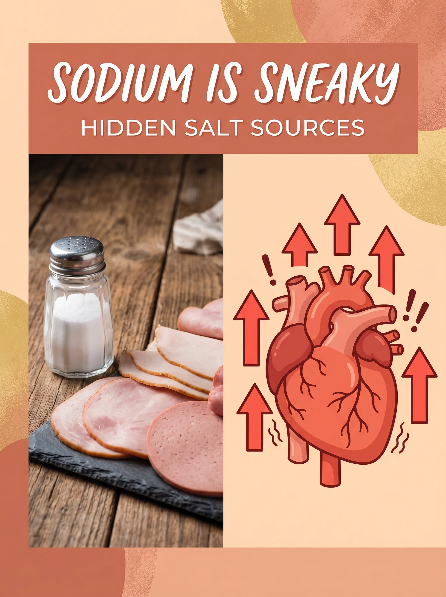 Salt shaker beside an illustration showing sodium tightening blood vessels and raising pressure