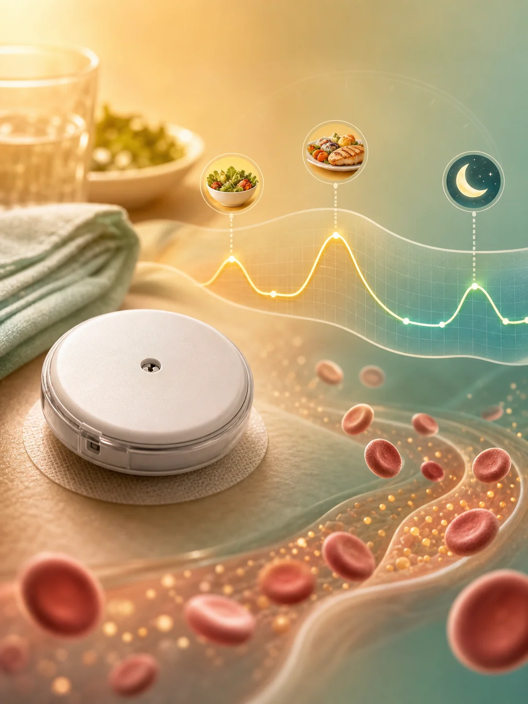 Glucose sensor beside daily meal and overnight glucose patterns flowing among red blood cells