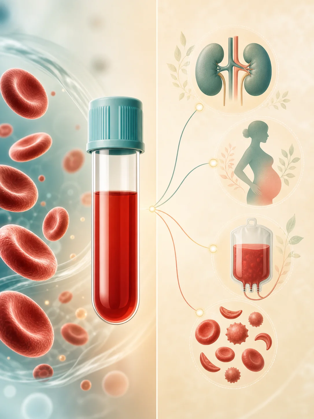 Blood sample connected to kidney, pregnancy, transfusion, and varied red blood cell factors