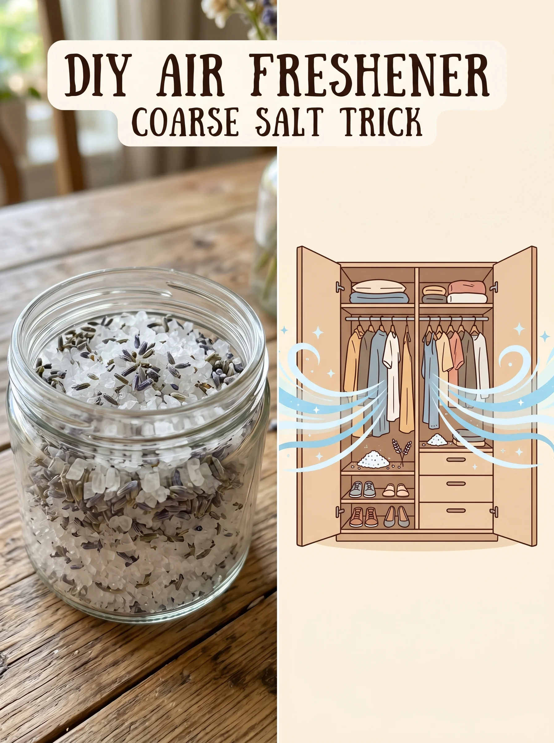Jar of coarse salt with herbs beside a wardrobe illustration showing fresh, dry interior