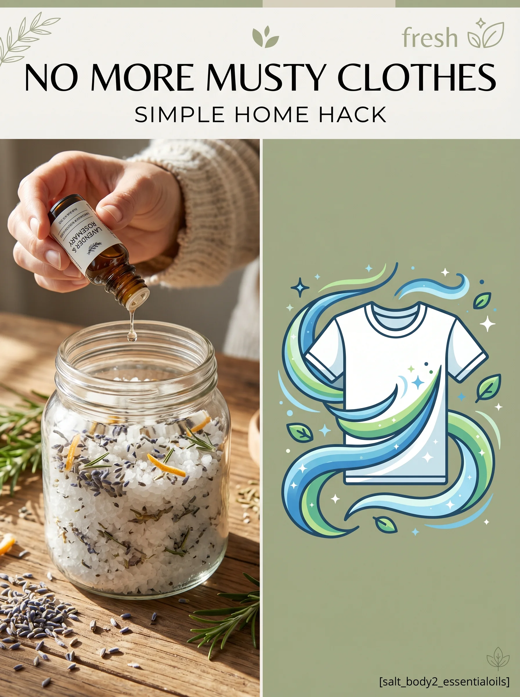 Coarse salt mixed with essential oils beside an illustration of a fresh-scented closet
