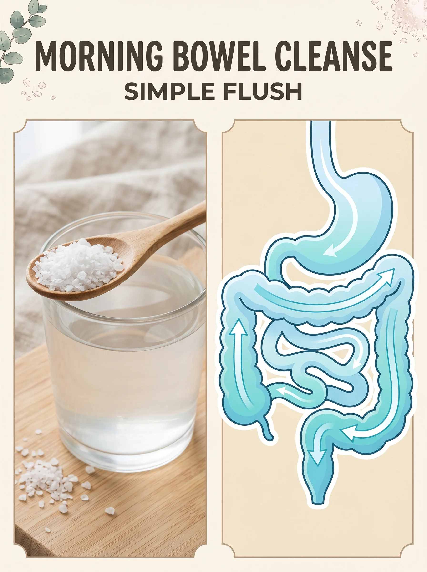 Pinterest panel: left close-up of glass of saltwater and sea salt in spoon; right illustrated colon with clean flow lines, warm cream background