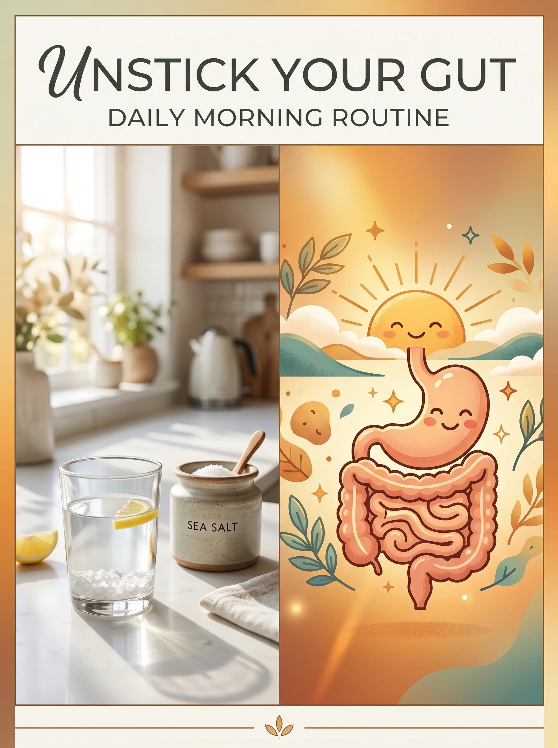 Pinterest panel: left photo of morning kitchen counter with salt jar and glass; right illustrated sunrise over a happy gut, warm gold background