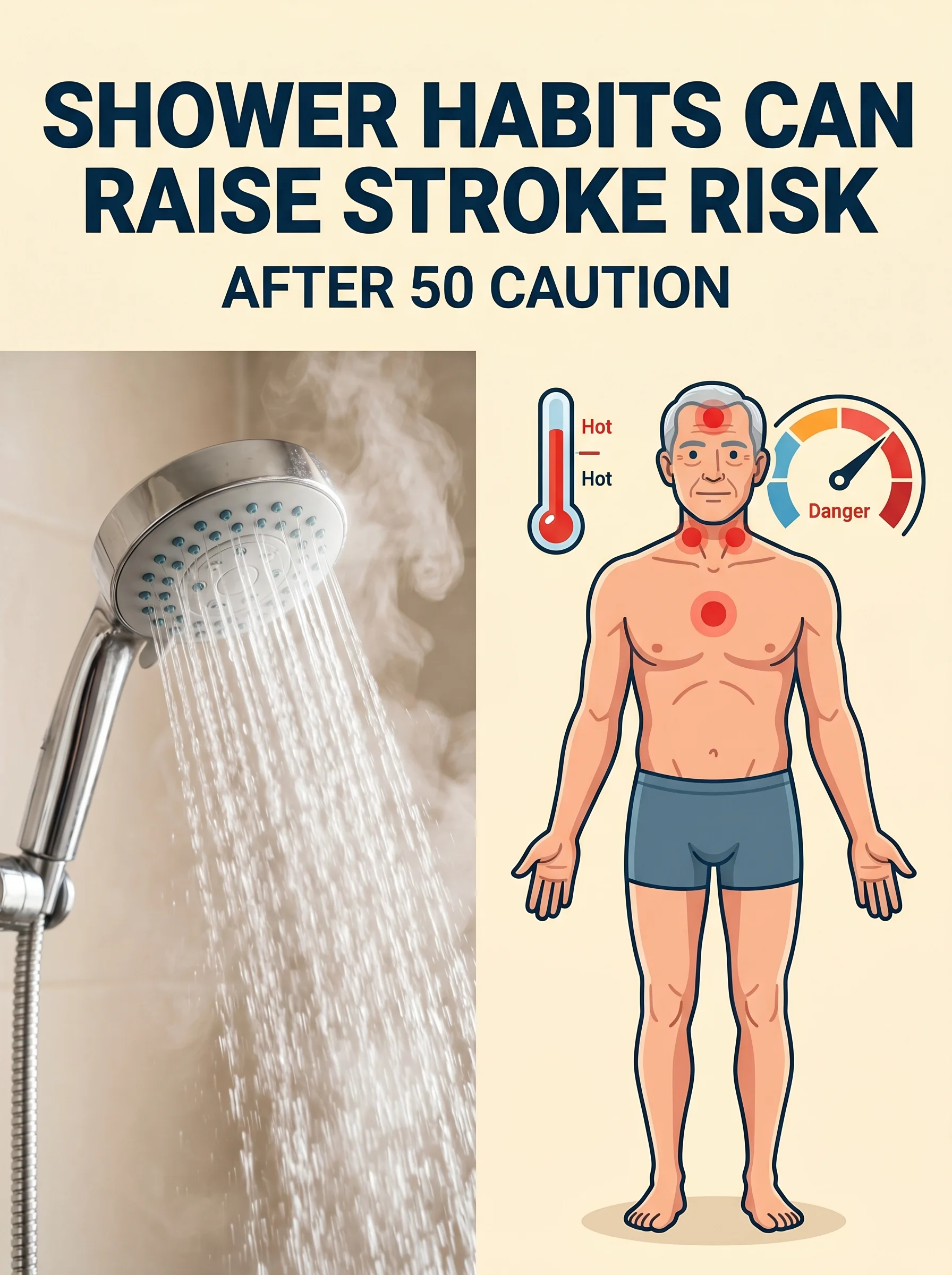Pinterest panel: left close-up of a steaming shower head; right illustrated body with warning dots and temperature gauge, warm cream background