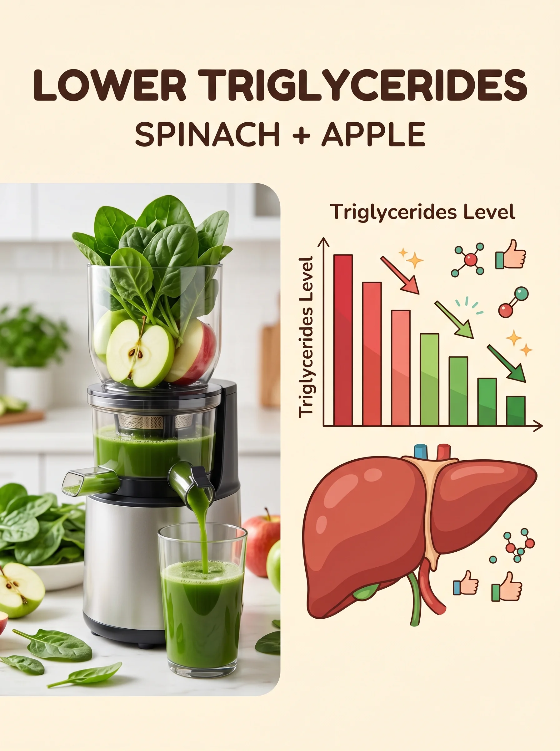 Pinterest panel: left close-up of spinach and apple in juicer; right illustrated liver with dropping triglyceride bars, warm cream background