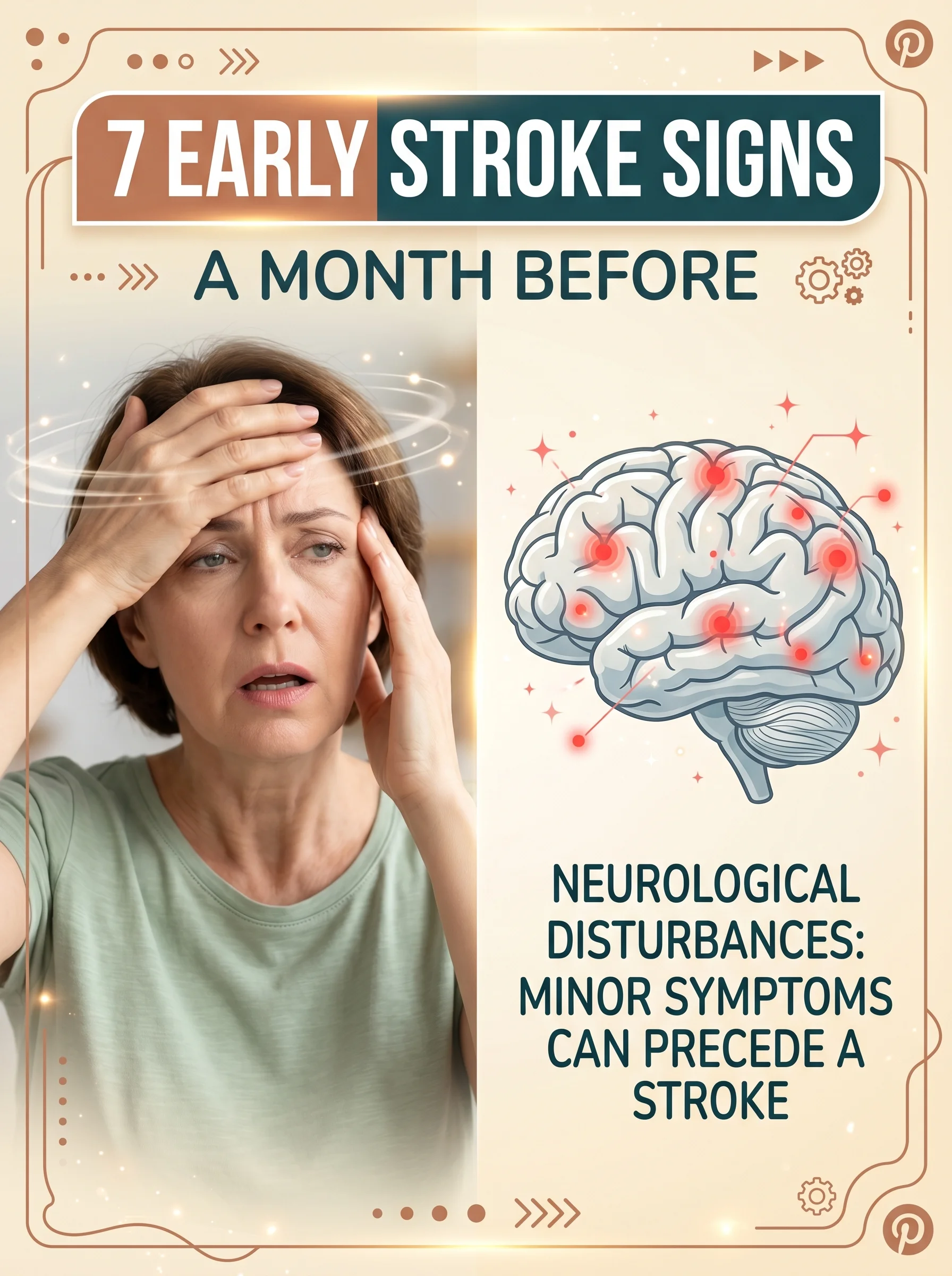 Pinterest panel: left close-up of a person holding head with dizzy expression; right illustrated brain with warning dots, warm cream background