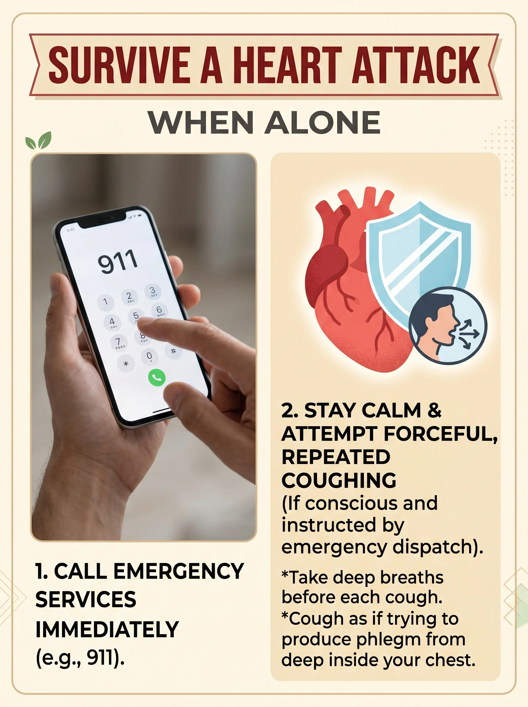 Pinterest panel: left close-up of a hand dialing emergency; right illustrated heart with protective shield and cough-action icon, warm cream background