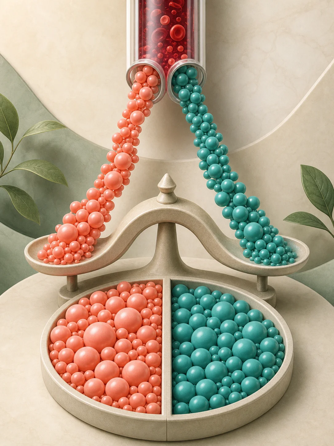 Smooth coral triglyceride and teal HDL particle streams balanced above a divided result bowl