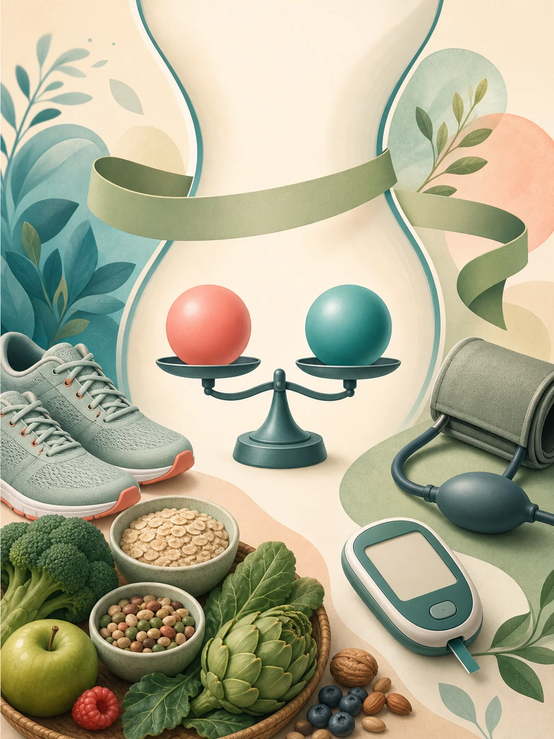 Lipid balance surrounded by waist, activity, high-fiber food, glucose, and blood-pressure context