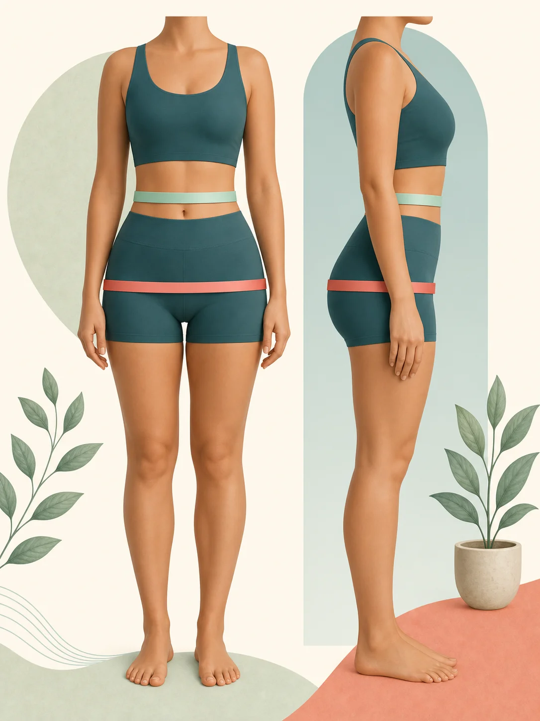 Front and side views of a body with plain ribbons aligned around the waist and widest hips