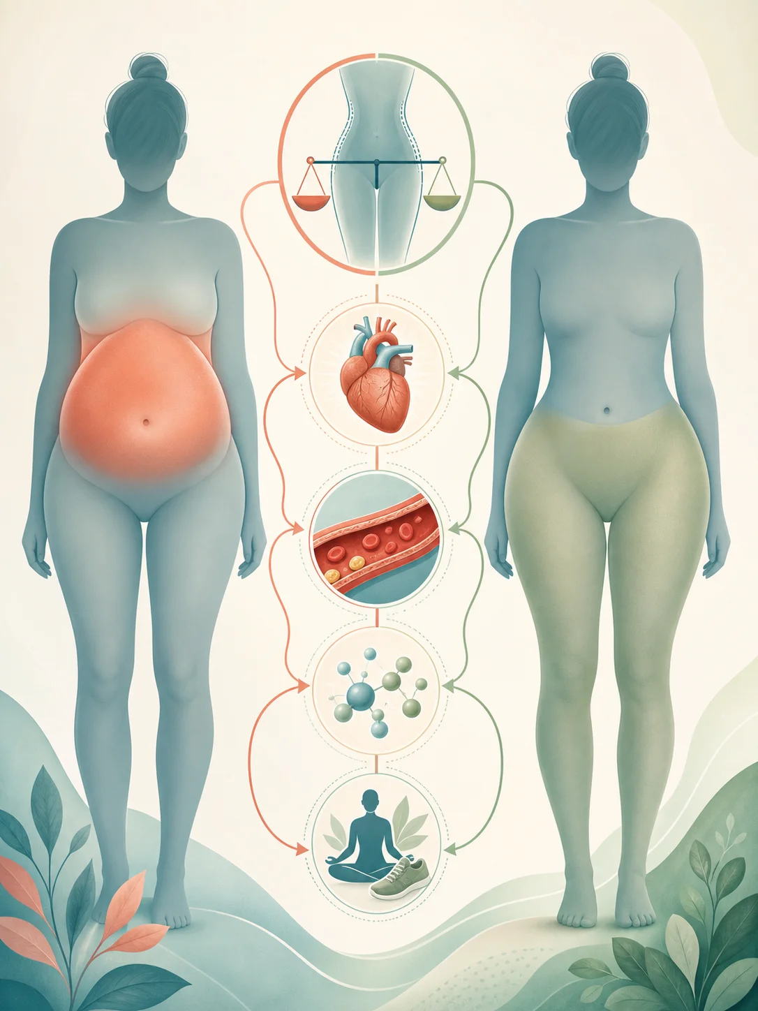 Two body silhouettes with central and lower-body fat distribution linked to heart and metabolic context