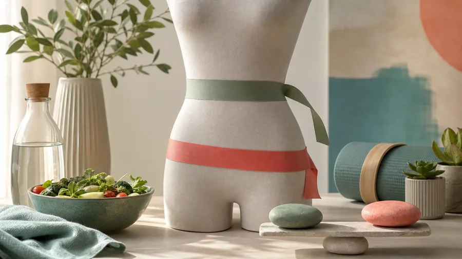 A tape measure showing correct waist and hip landmarks beside a waist-to-hip ratio calculation