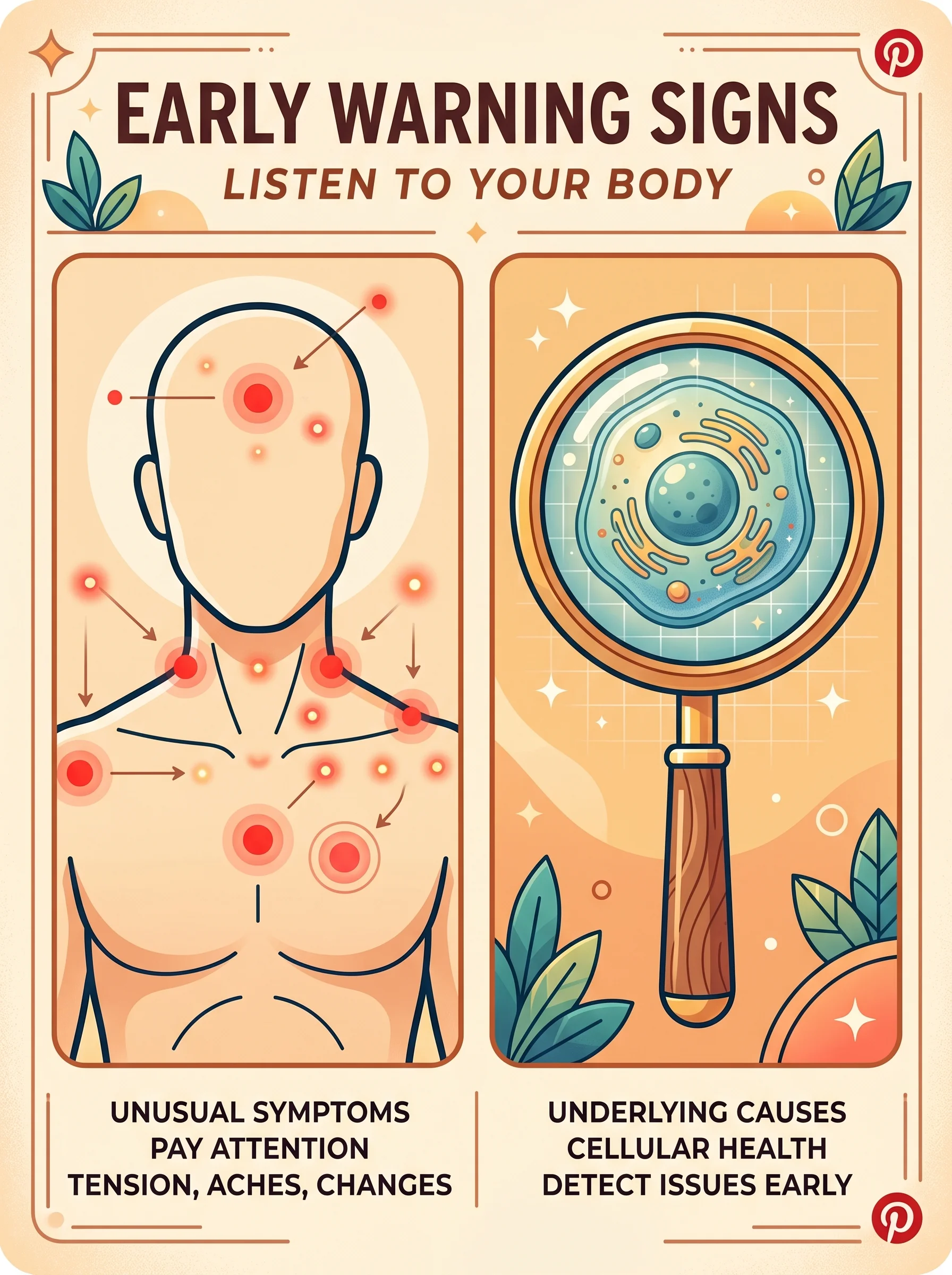 Person noticing chest discomfort beside an illustration of heart warning signs across the body