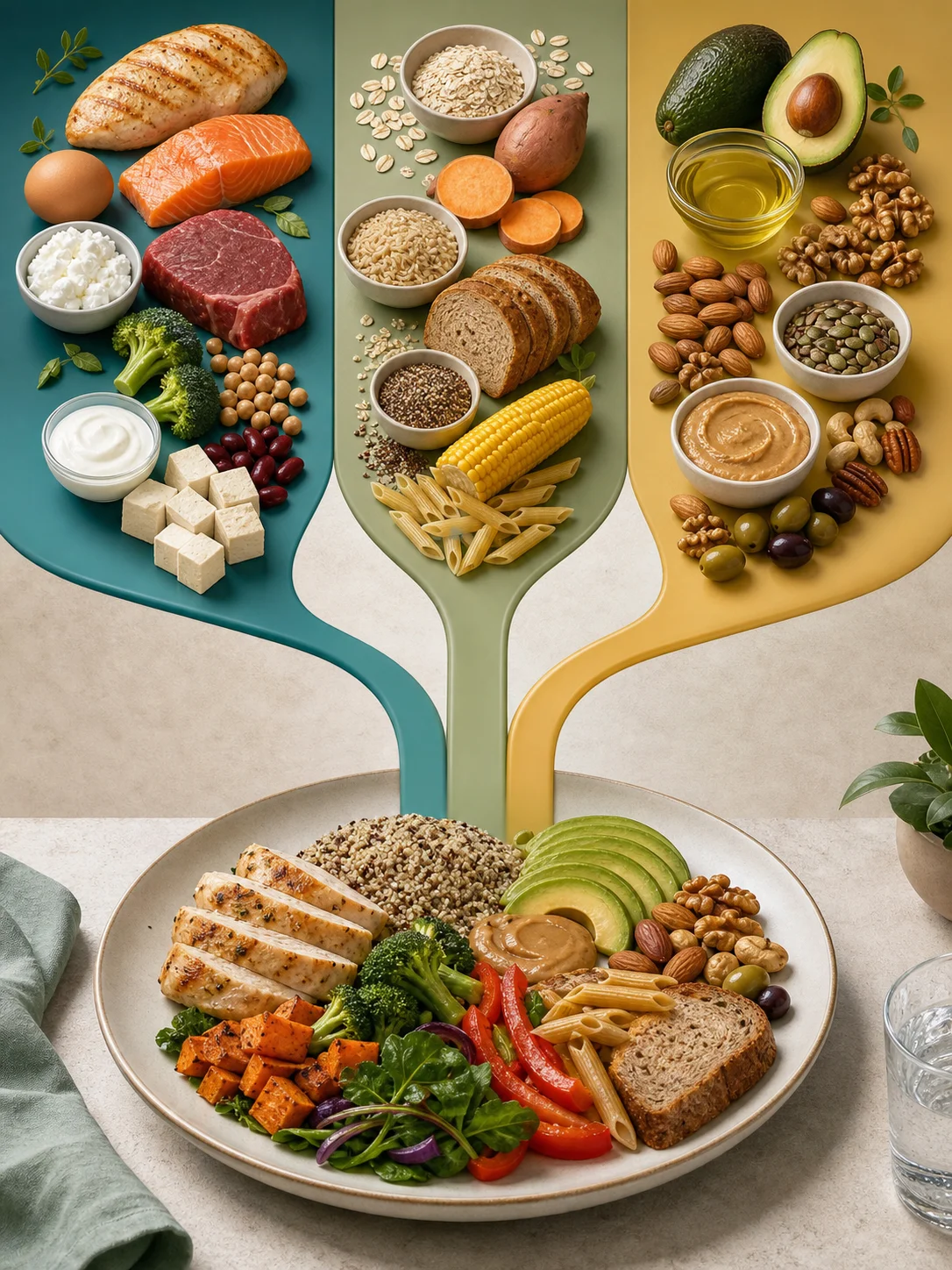 Protein, carbohydrate, and fat food streams flowing into one balanced daily plate