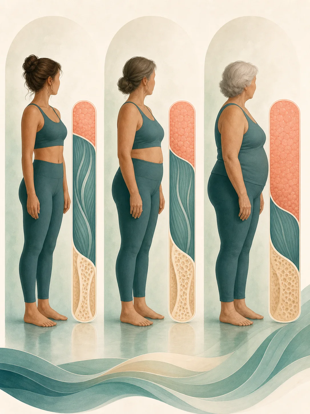 Women at three adult life stages beside abstract muscle, bone, and fat tissue layers