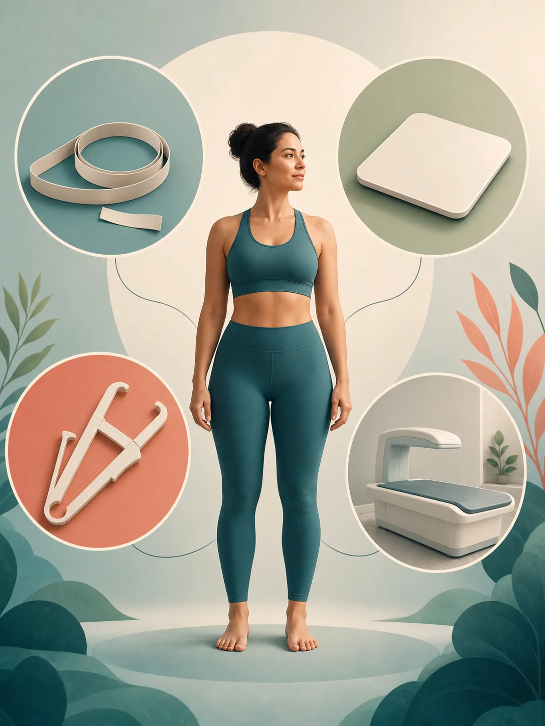 Woman surrounded by plain tape, blank smart scale, skinfold calipers, and DEXA-style scanner