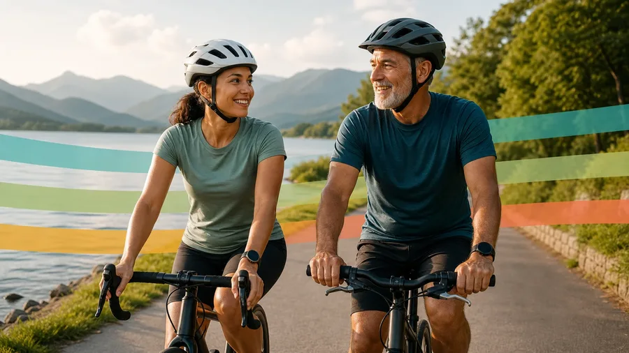 A relaxed runner speaking comfortably while a heart-rate zone band changes across age groups