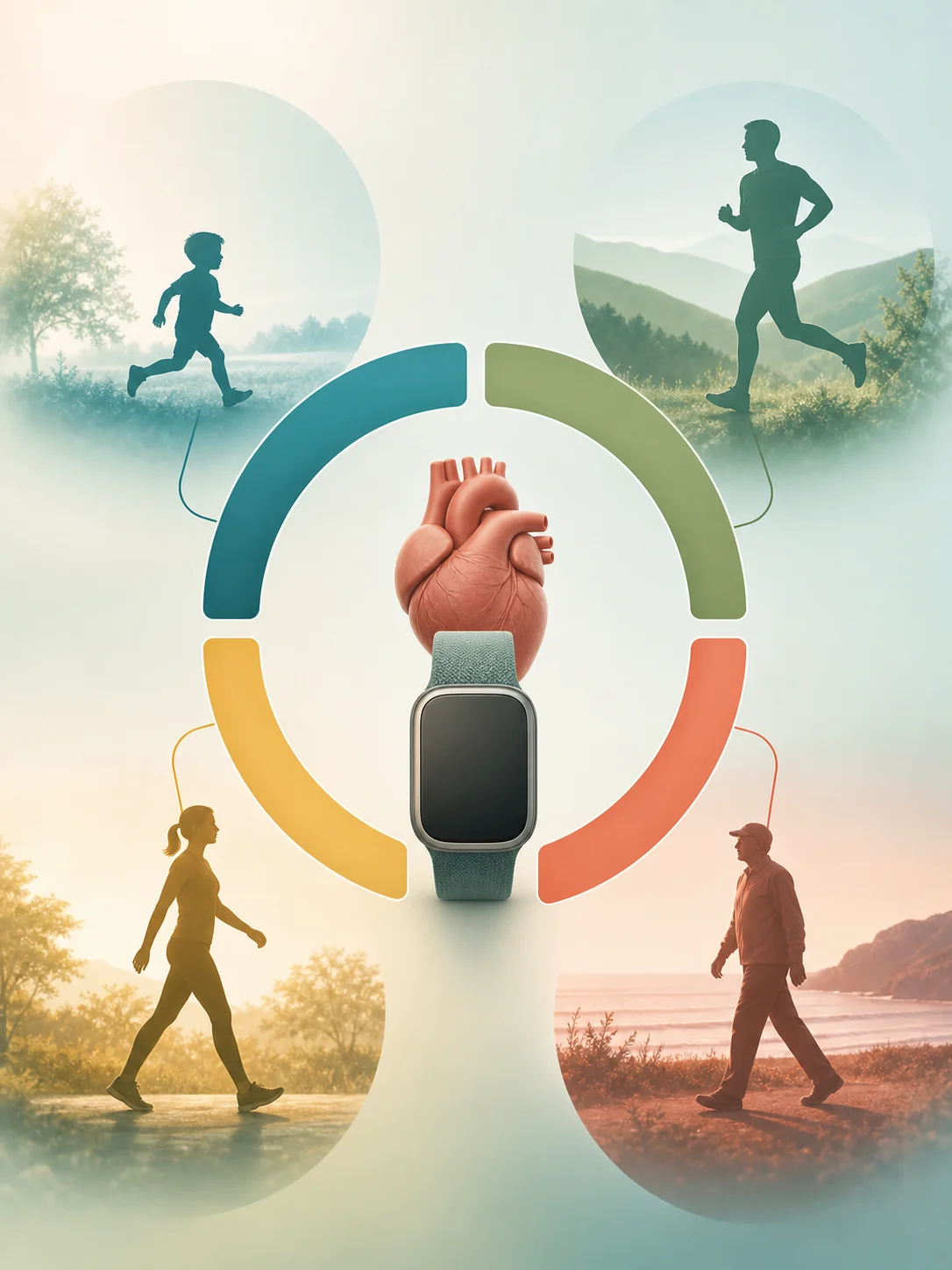 Life-stage exercise silhouettes connected to blank heart-rate arcs around a heart and wearable