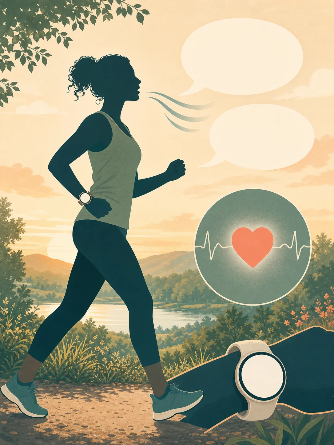Adult walking steadily with calm breath waves, empty speech bubbles, heart, and blank watch